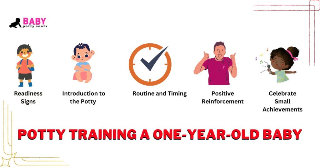 Potty training one year old baby by reading signs, introduction to the potty, set routine and timing, positive reinforcement and then last celebrate small achievements.,